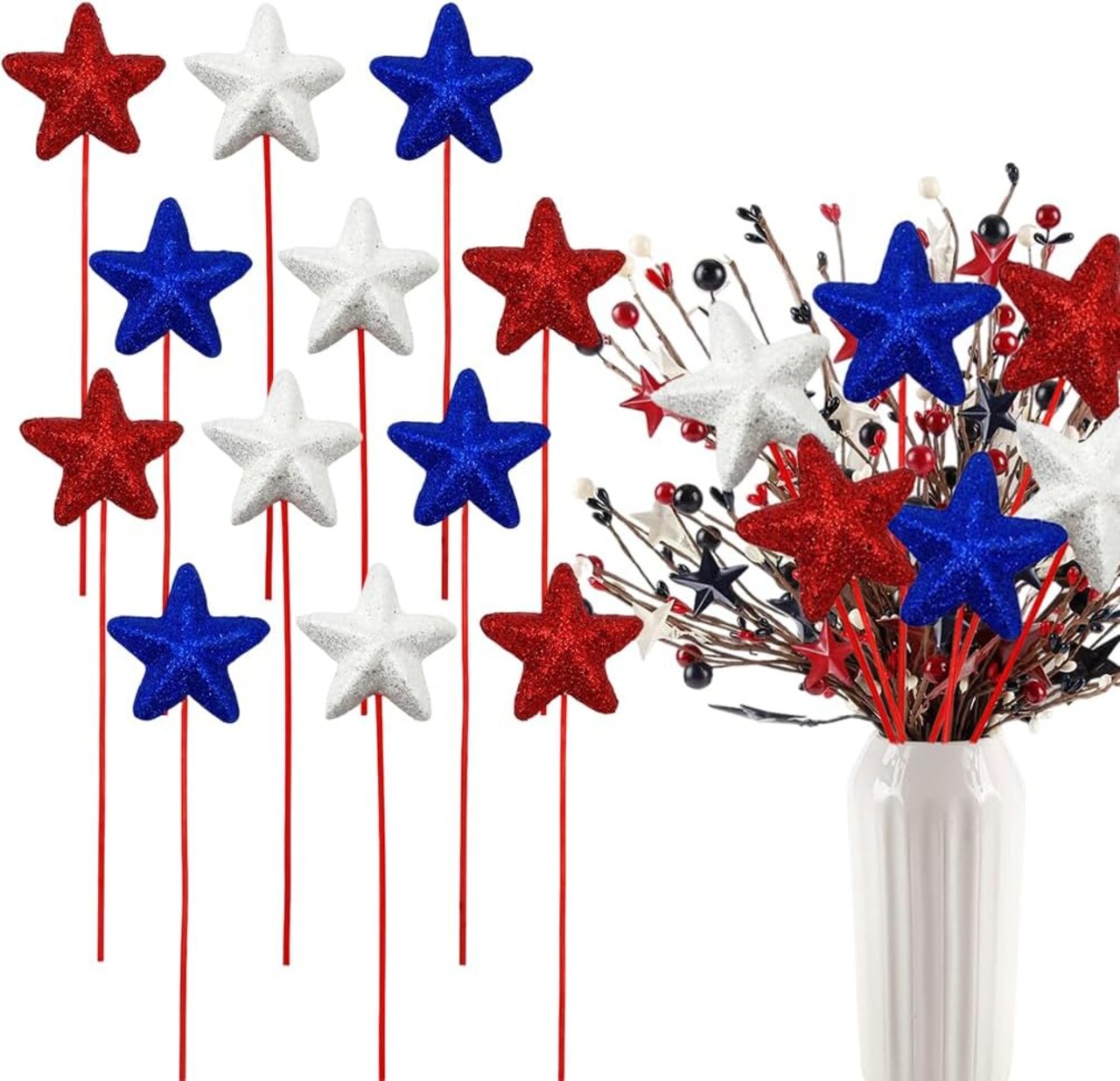 12-Piece Glittery Patriotic Star Picks – Red, White & Blue Foam Star Sticks for 4th of July, Memorial Day & Independence Day Party Table Centerpiece Decorations